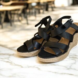 Black Strappy Wedge Sandals